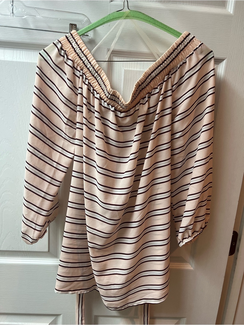Women’s Off-Shoulder Striped Blouse - Cream with Brown Stripes